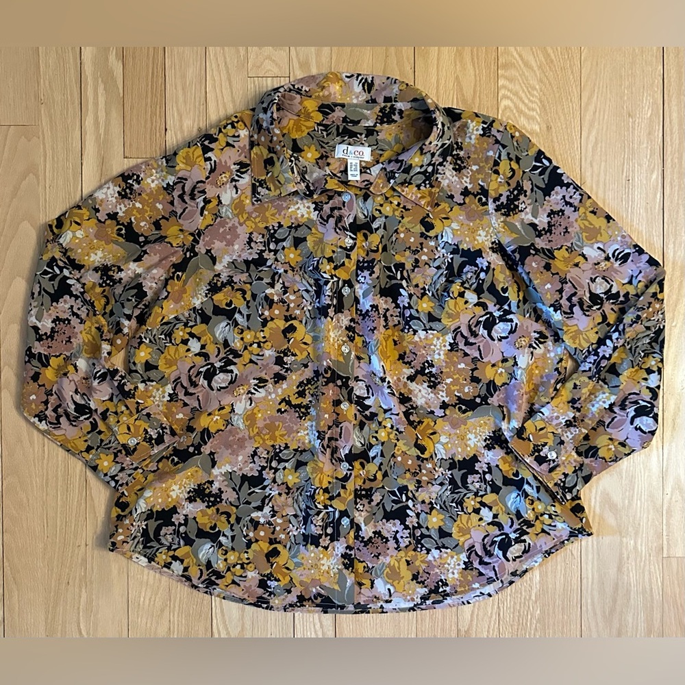 D&CO. Black Pink Yellow Floral Long Sleeve Button Down Blouse, Size 1X
